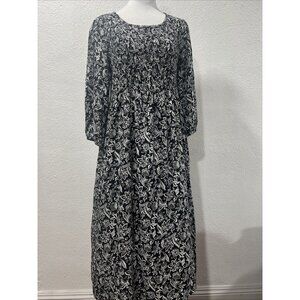 Croft Barrow Dress Womens M Black Midi Floral 3/4 Sleeve Smocked A Line Boho